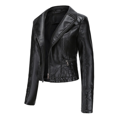 Womens Lapel Biker Washed PU Leather Jacket