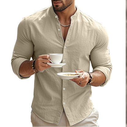 Men's Casual Cotton Standing Collar Long Sleeve Summer Shirt Breathable