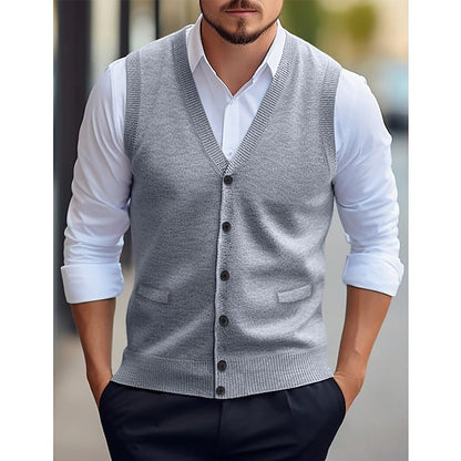 Men's Casual Sleeveless Wool Knit Cardigan Vest Slim Fit Style