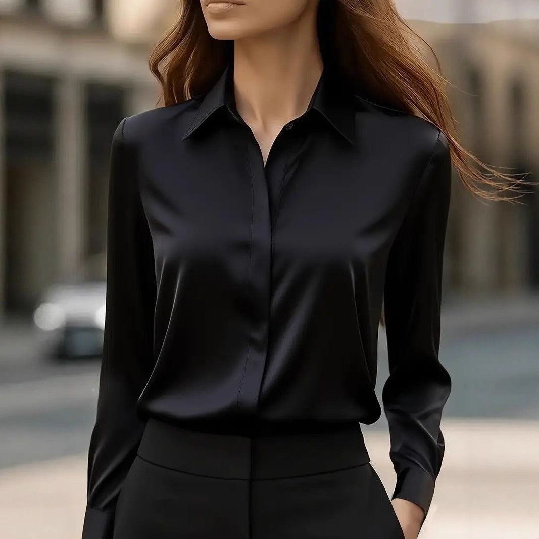 Women's Tailored Satin Lapel Long Sleeve Formal Office Blouse Shirt