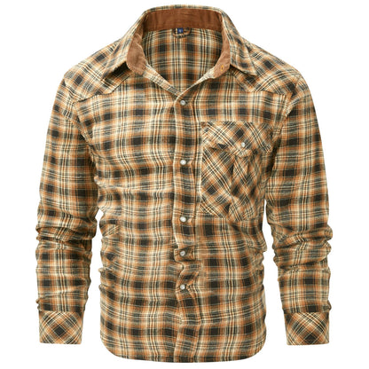 Mens Flannel Plaid Shirt | Retro Pearl Buckle Western Style Long Sleeve Shirt