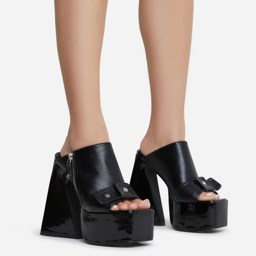 Womens Square Toe Exposed Color Blocked Chunky Super High Heels