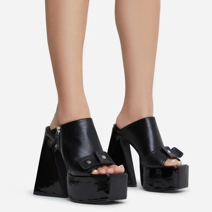 Womens Square Toe Exposed Color Blocked Chunky Super High Heels