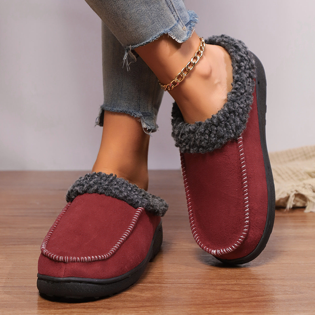Womens Thickened  Winter Indoor Half-covered Fur Cotton Slippers