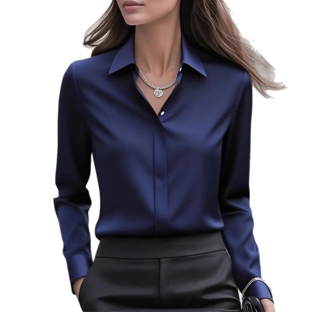 Women's Tailored Satin Lapel Long Sleeve Formal Office Blouse Shirt