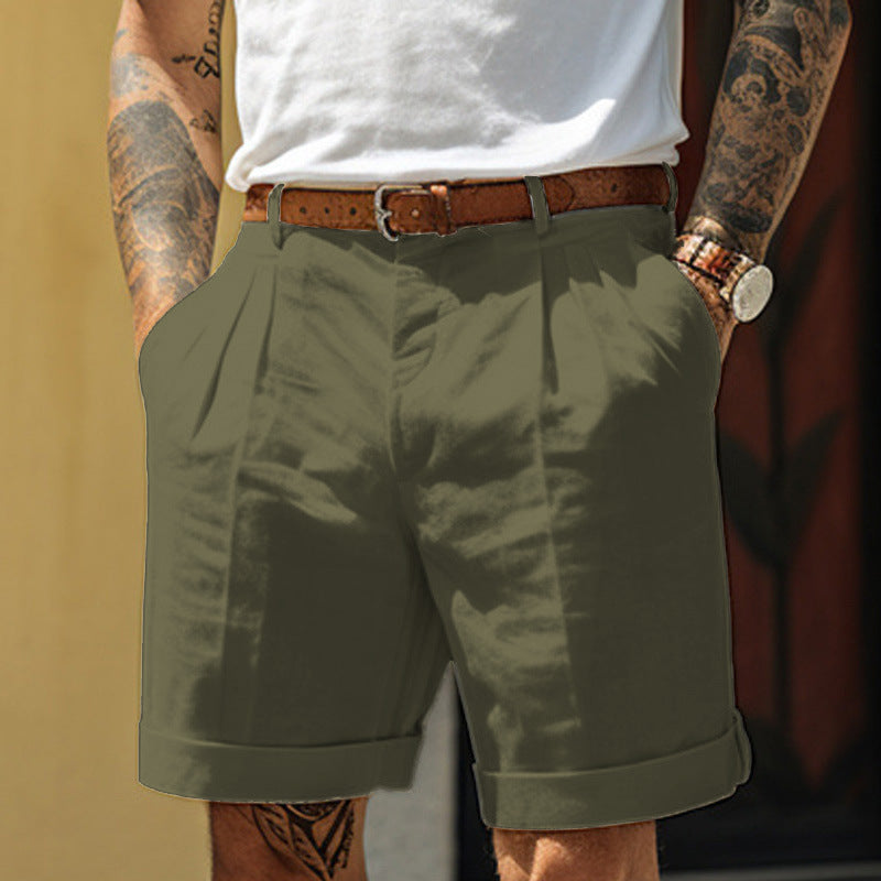 Men's Pleated Pocket Straight Leg Summer Cotton Linen Shorts Loose