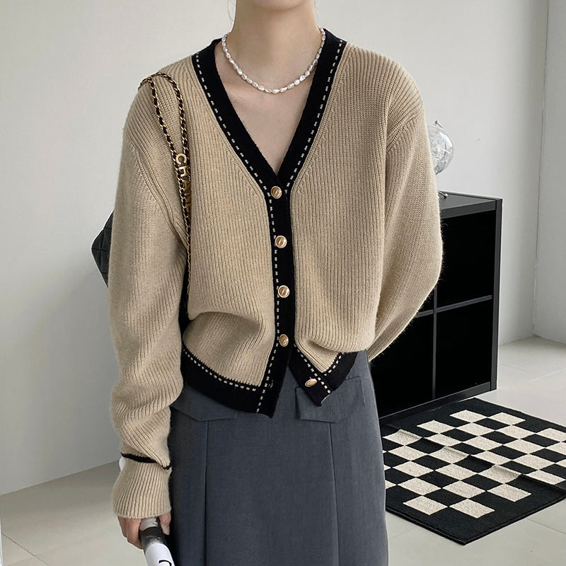 Womens Loose Large V-neck Slimming Bedford Cord Sweater