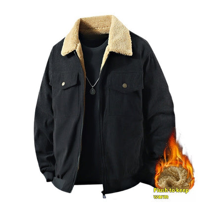 Mens Fleece Corduroy Cotton Coat Jacket | Casual Polo Collar Coat
