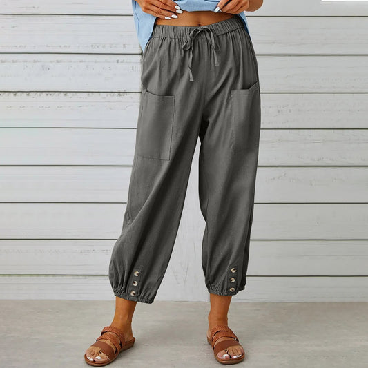 Women Drawstring Tie Pants - Cotton And Linen Trousers With Pockets Button