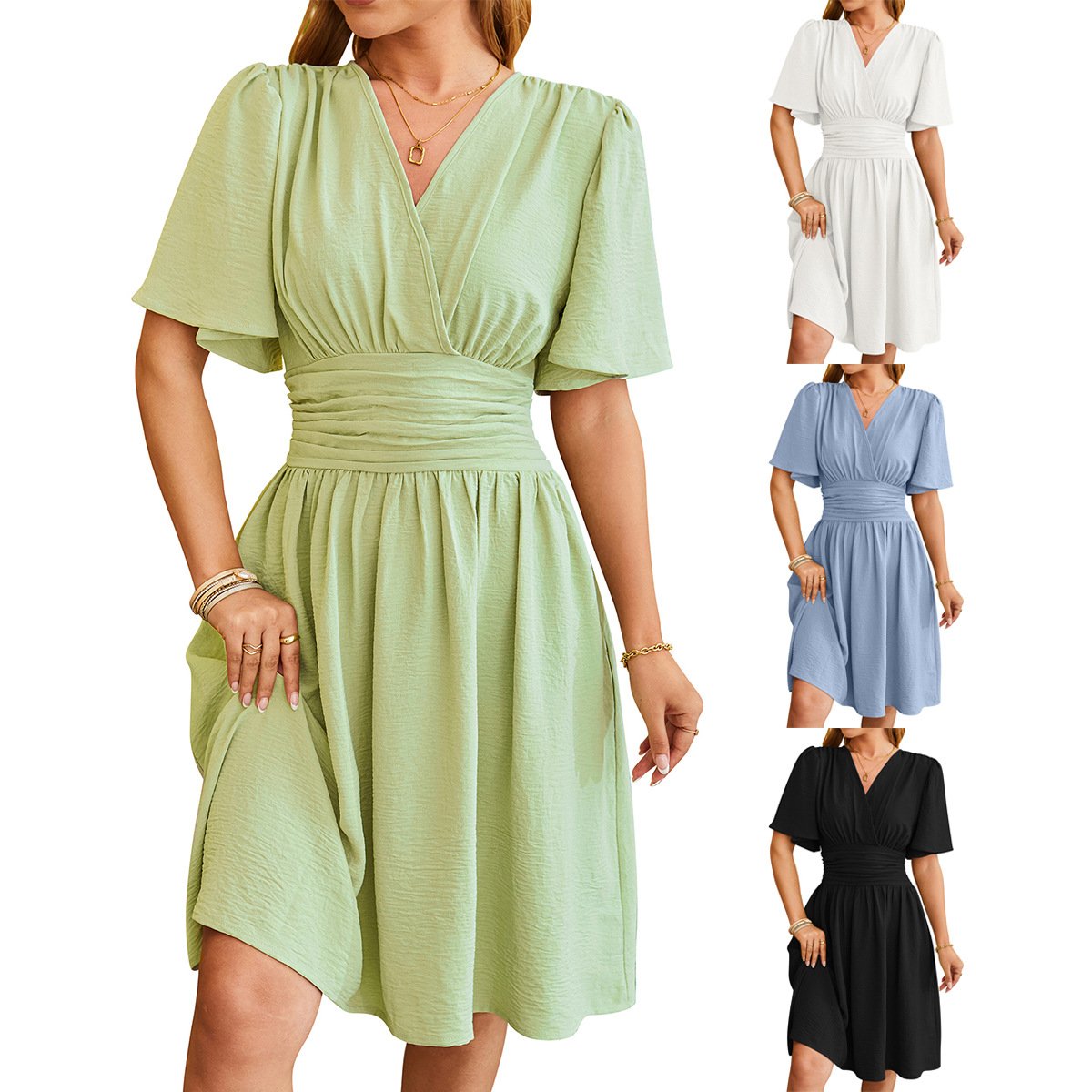 Women's V-Neck Bell Sleeve Short Summer Dress Elegant Casual