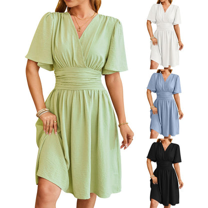 Women's V-Neck Bell Sleeve Short Summer Dress Elegant Casual