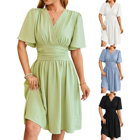 Womens V-neck Short-sleeved Dress - Bell-sleeved Summer Dress