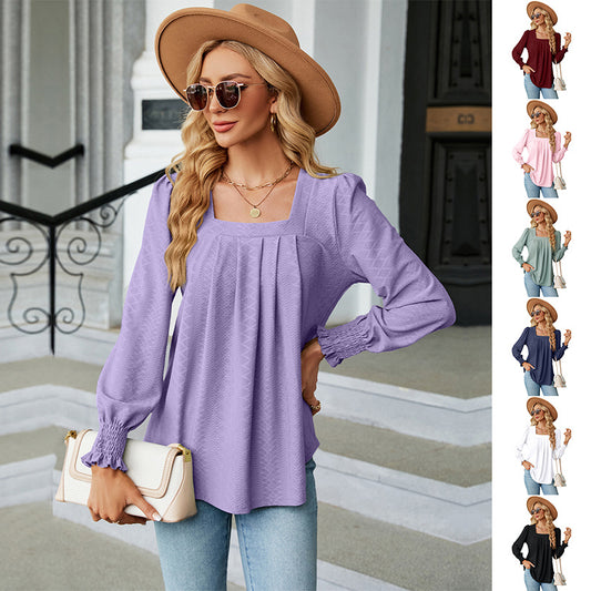 Womens Jacquard Pleated Solid Color Long Sleeve Pullover Top by Lakd London