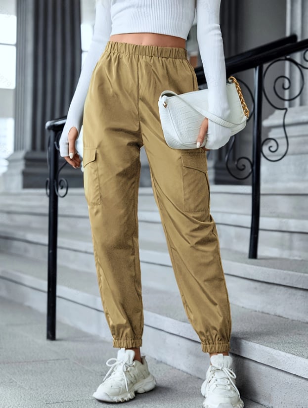 Womens Casual Cargo Pant - Multi-pocket  Elastic Waist Pencil Pants