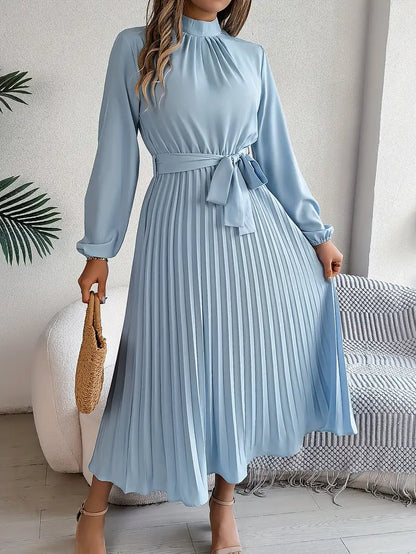 Women's Pleated Midi Belted Long Sleeve Occasion Dress - Relaxed Fit
