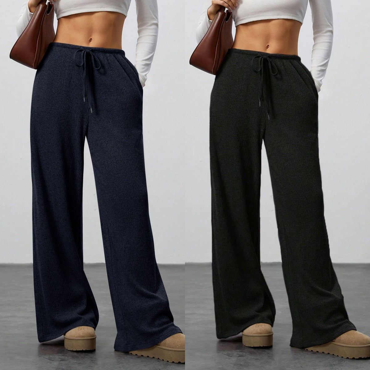 Womens Solid Color Loose Pants - Flowy Drawstring-Waist Wide-Leg Casual Trousers