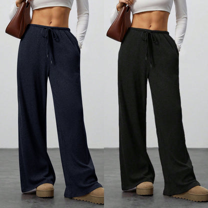 Womens Solid Color Loose Pants - Flowy Drawstring-Waist Wide-Leg Casual Trousers