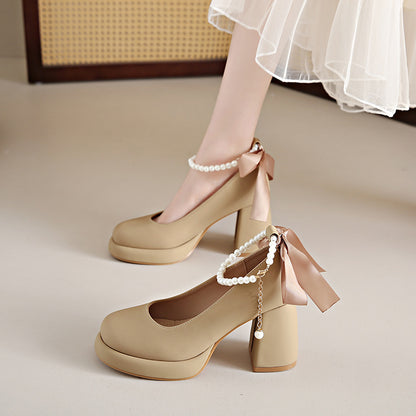 Womens Mary Jane Shoes | Preppy Style Chunky Heel Pearl All-match