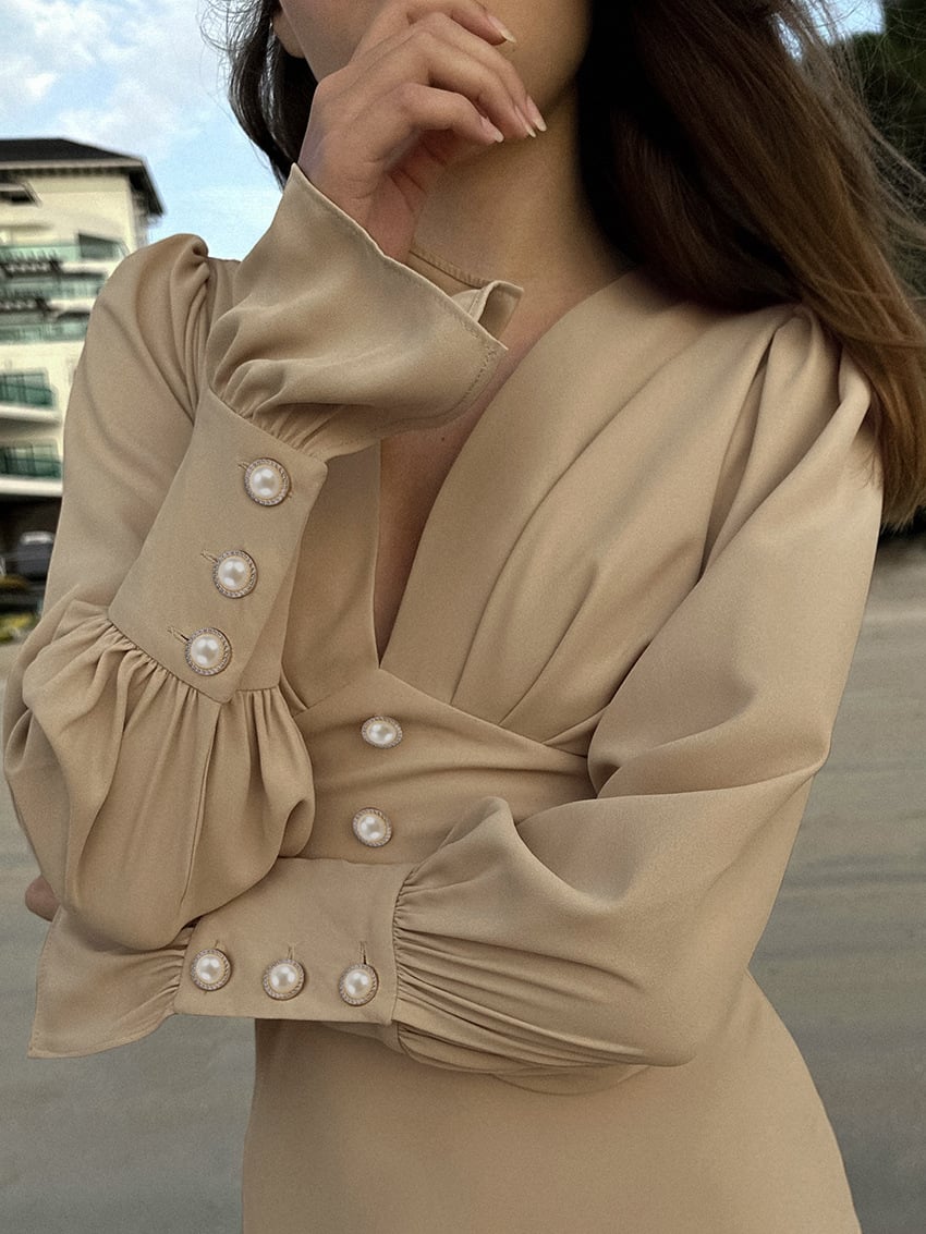 Womens V-neck Midi Dress - Slim Fit Elegant French Chiffon Dress