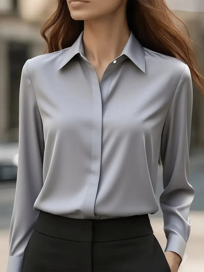 Women's Tailored Satin Lapel Long Sleeve Formal Office Blouse Shirt