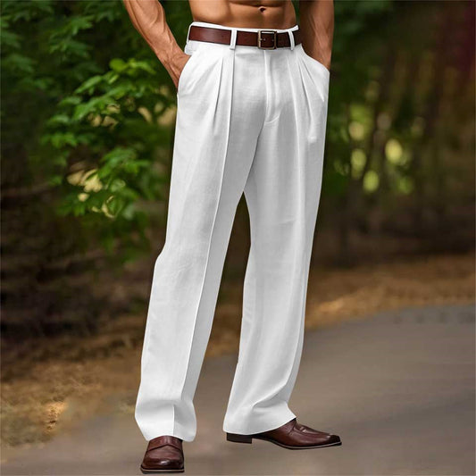 Mens Slant Pockets Trousers Bifold Cotton Solid Color Breathable And Loose Casual Pants