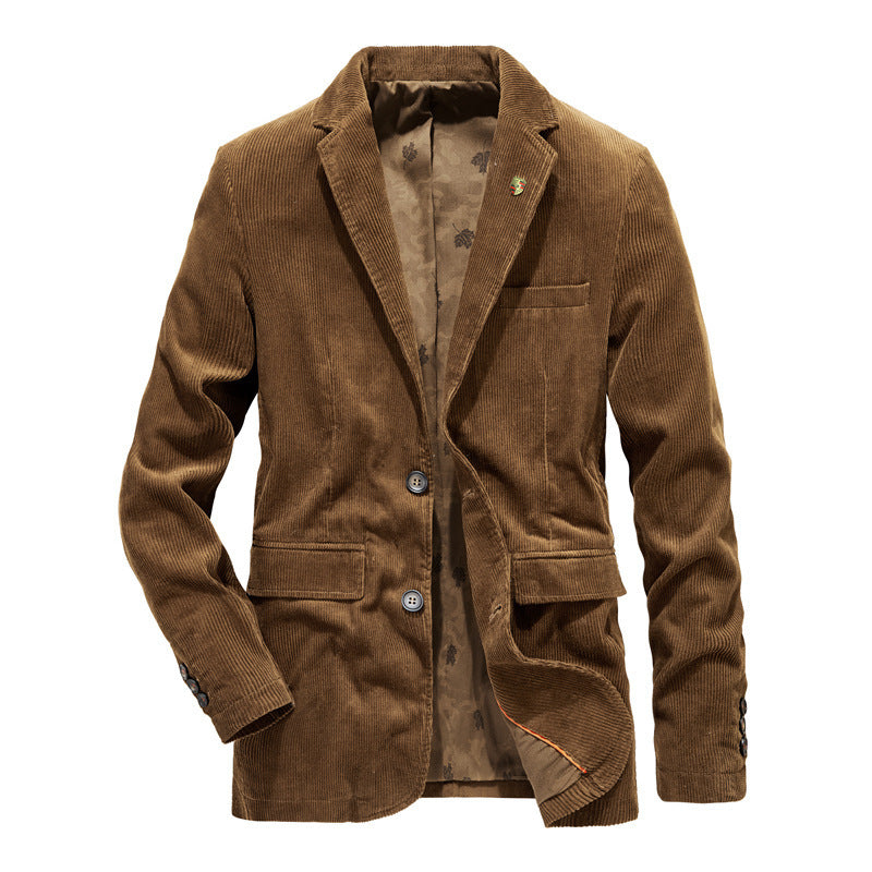 Mens Retro Casual Flat Solid Color Corduroy Coat