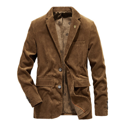 Mens Retro Casual Flat Solid Color Corduroy Coat