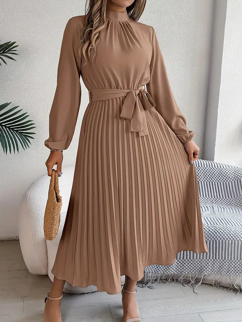 Women's Pleated Midi Belted Long Sleeve Occasion Dress - Relaxed Fit
