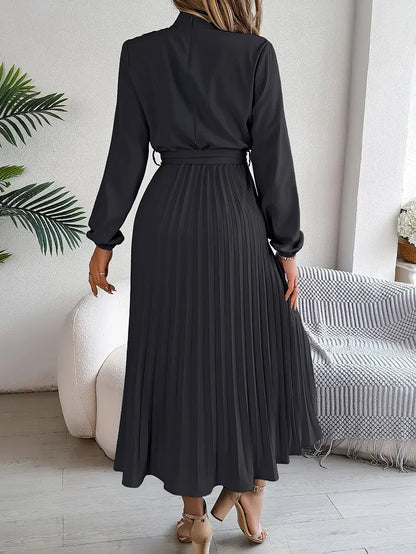 Women's Pleated Midi Belted Long Sleeve Occasion Dress - Relaxed Fit