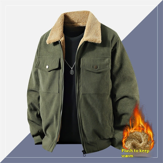 Mens Fleece Corduroy Cotton Coat Jacket | Casual Polo Collar Coat