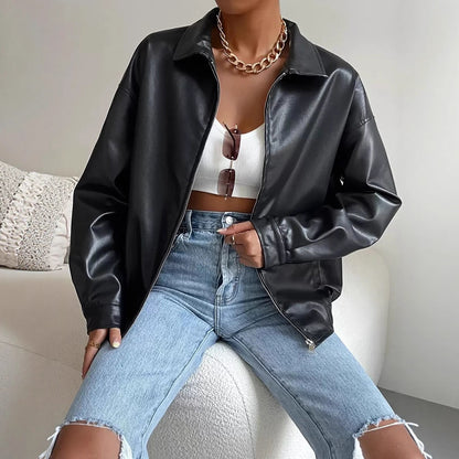 Womens Winter PU Leather Coat | Retro Biker's Long Sleeve Zipper Lapel Jacket