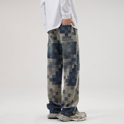 Men's Mosaic Chess Plaid Wide-leg Jeans | Comfortable Casual Pant by LAKD London