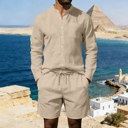 Men's Casual Linen Shirt and Shorts Summer Two Piece Set