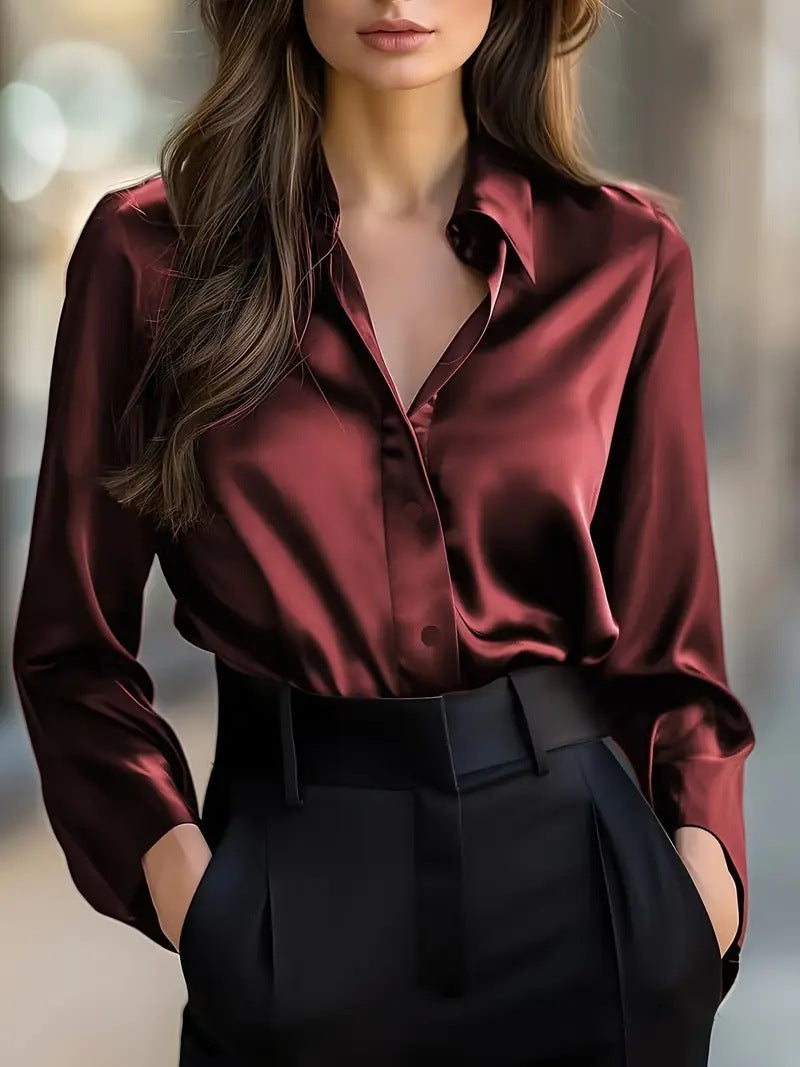Women's Elegant Satin Long Sleeve Button Up Glossy Office Blouse