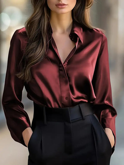 Women's Elegant Satin Long Sleeve Button Up Glossy Office Blouse