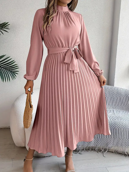 Women's Pleated Midi Belted Long Sleeve Occasion Dress - Relaxed Fit