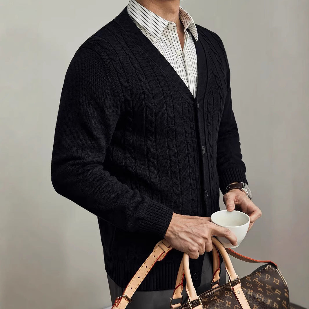 Mens Solid Color Knitted Cardigan Long Sleeve Sweater