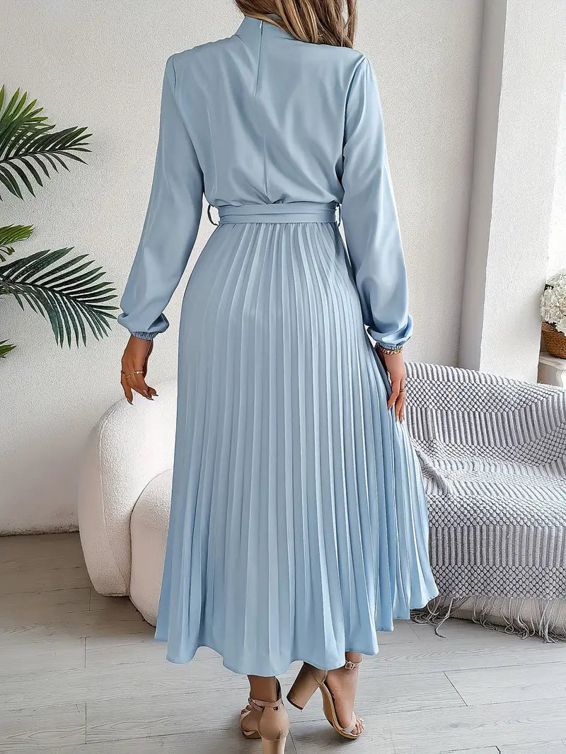 Women's Pleated Midi Belted Long Sleeve Occasion Dress - Relaxed Fit