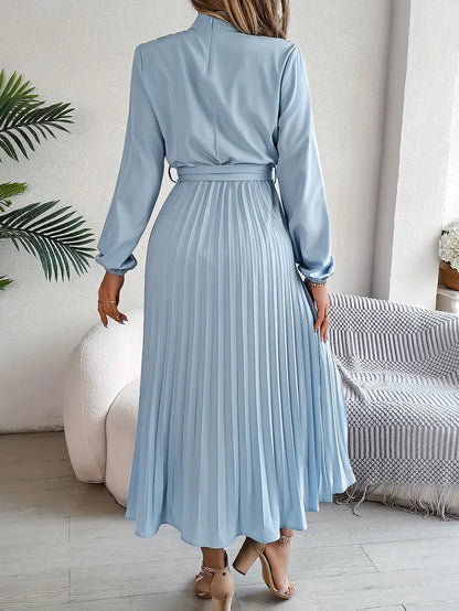 Women's Pleated Midi Belted Long Sleeve Occasion Dress - Relaxed Fit