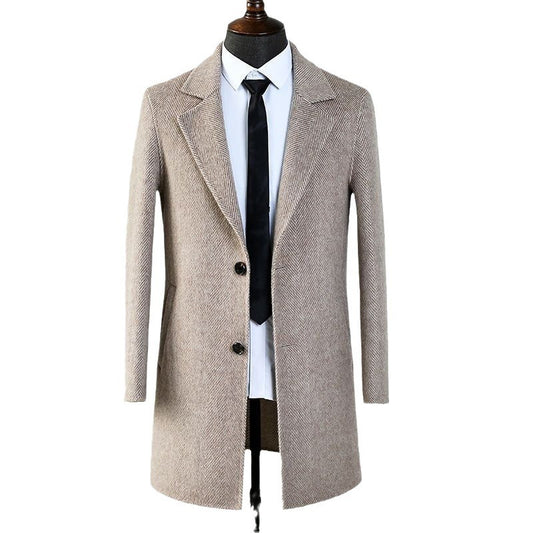 Mens Double-faced Woolen Overcoat | Mid-length Herringbone Pattern Jacket - LAKD London