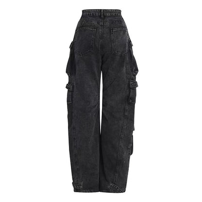 Womens High Waist Trousers Street Hipster Multi-pocket Wide Leg Tie-dyed Jeans