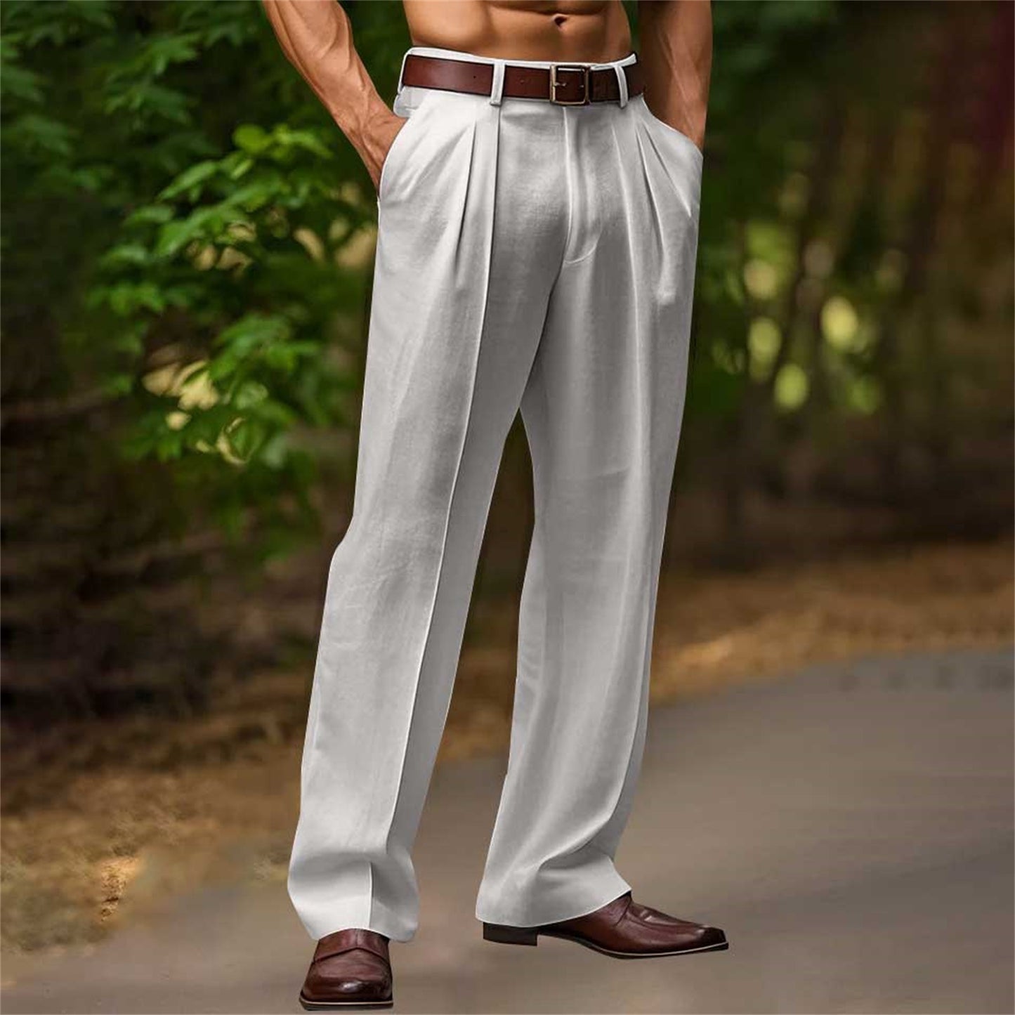 Mens Slant Pockets Trousers Bifold Cotton Solid Color Breathable And Loose Casual Pants