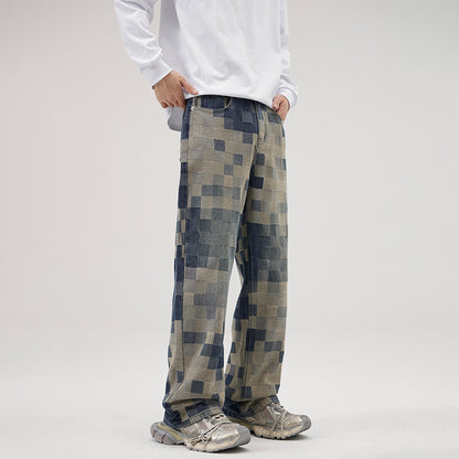 Men's Mosaic Chess Plaid Wide-leg Jeans | Comfortable Casual Pant by LAKD London