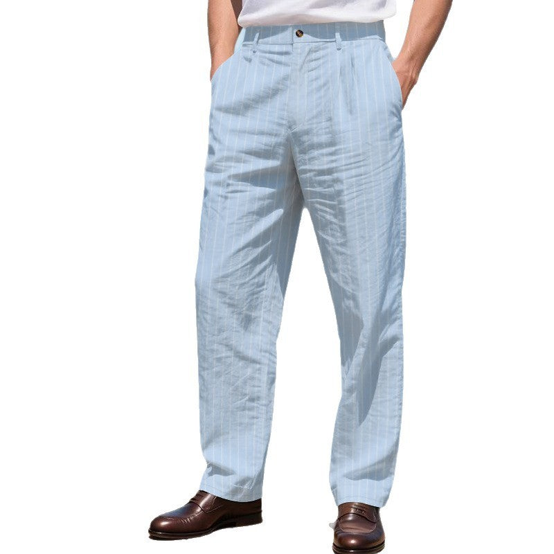 Mens Striped Loose Breathable Casual Cotton Trouser Pants
