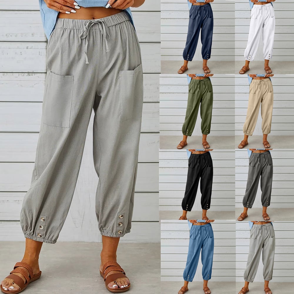 Women Drawstring Tie Pants - Cotton And Linen Trousers With Pockets Button