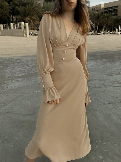 Womens V-neck Midi Dress - Slim Fit Elegant French Chiffon Dress