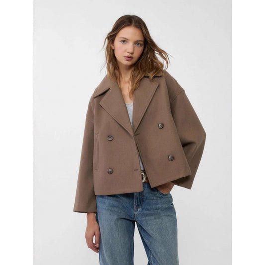 Women's Cropped Peacoat Wool Blend Double Breasted Blazer