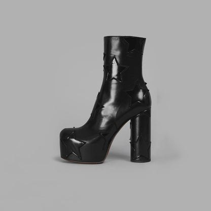 Womens Round Head Chunky High Heels Boot | Side Zipper Height Increasing