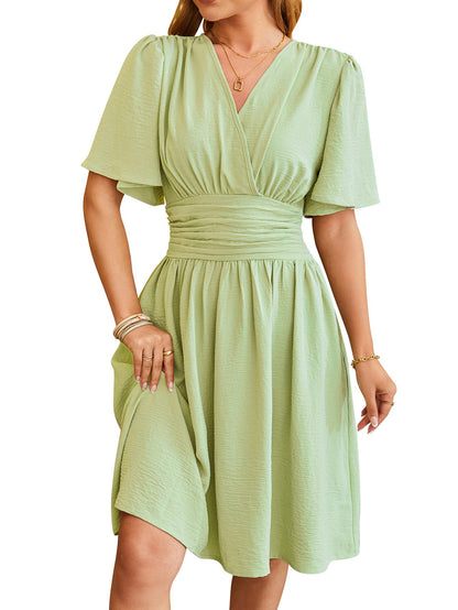 Women's V-Neck Bell Sleeve Short Summer Dress Elegant Casual