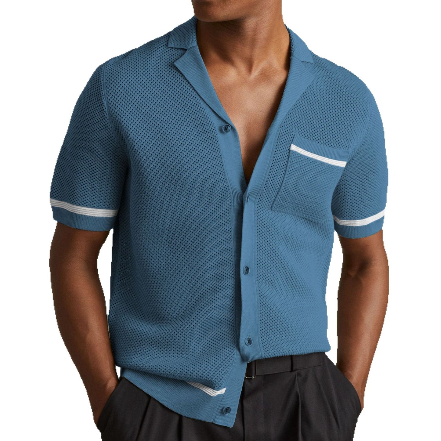 Men's Summer Knit Cuban Collar Short Sleeve Polo Shirt Casual